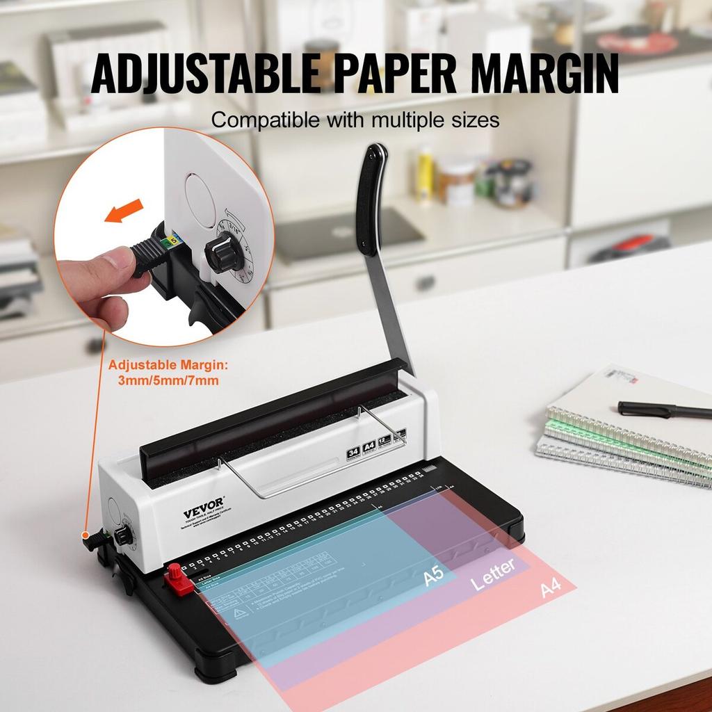 Coil Spiral Binding Machine, Manual Book Maker 34-Holes Binding 120 Sheets, Punch Binder Adjustable 3/16" - 9/16" Coil Binding Spines, for Letter