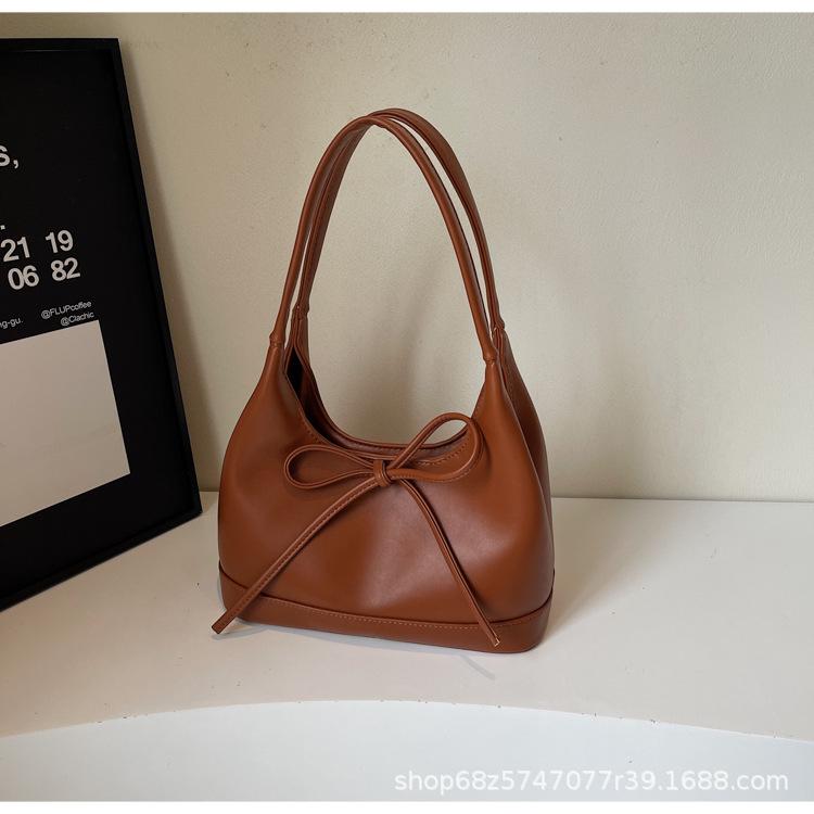 Versatile Bow Underarm Big Bag Women's 2025 New Fashion Oil Wax Leather Commuter Bag Retro Texture Tote Bag