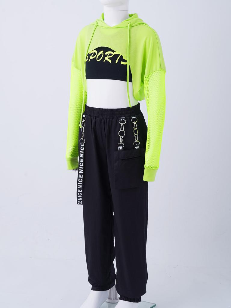 Танцевальные костюмы для девочек из 3 предметов, сетчатые рубашки с длинными рукавами в стиле джаз, хип-хоп и укороченные топы на бретелях, брюки, спортивная одежда