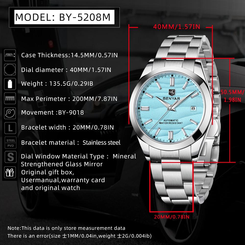 BENYAR 40MM Desert Texture Original Design Luxury Men Watch Night Light Stainless Steel Waterproof Men Automatic Watches for men