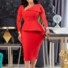 2022 Autumn Plus Size Elegant Long Sleeve Dress with Oblique Collar for Women