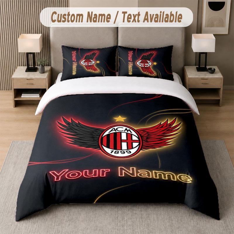 Custom Bedding Set AC Milan Pattern, Print Name Text 1 Duvet Cover plus 2 Pillowcases Home Textile