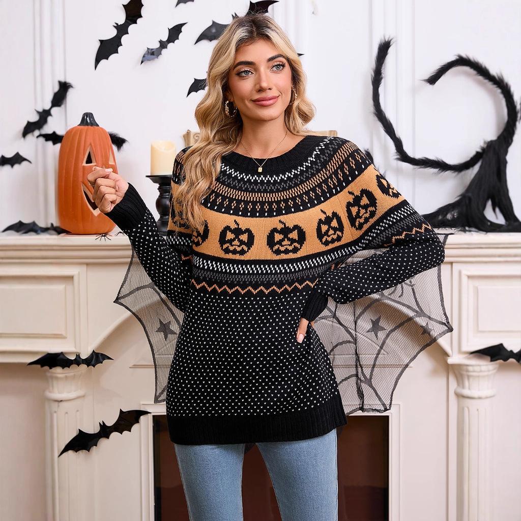 European and American autumn and winter sweater women's clothing Halloween pumpkin embroidery retro polka dot long-sleeved knitted sweater women