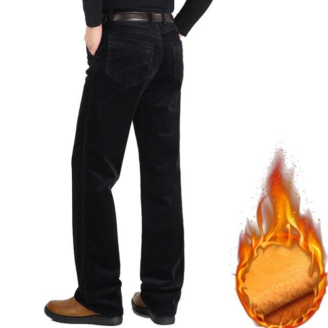 Autumn Winter Velvet Corduroy Pants Men Business Casual Pants Loose Elastic Middle-aged Straight Fleece Thick Corduroy Trousers