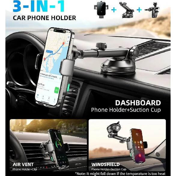 15W Car Phone Holder Wireless Car Charger Dual Coil Dash Vent Windshield Auto Clamping Charging Phone Holders for iPhone S24/S23