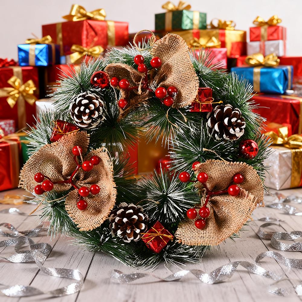 1pc Christmas Wreaths for Front Door, Xmas Decorations Winter Wreaths Home Decorative Wreath with Flowers Pine Cones for Party