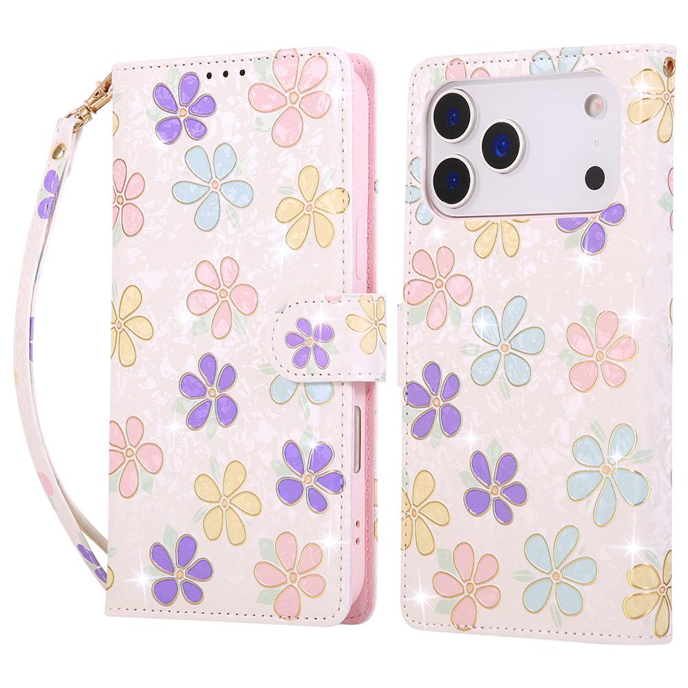 For iPhone 17 Pro Max Case RFID Blocking Flower Leather Phone Cover with Wrist Strap