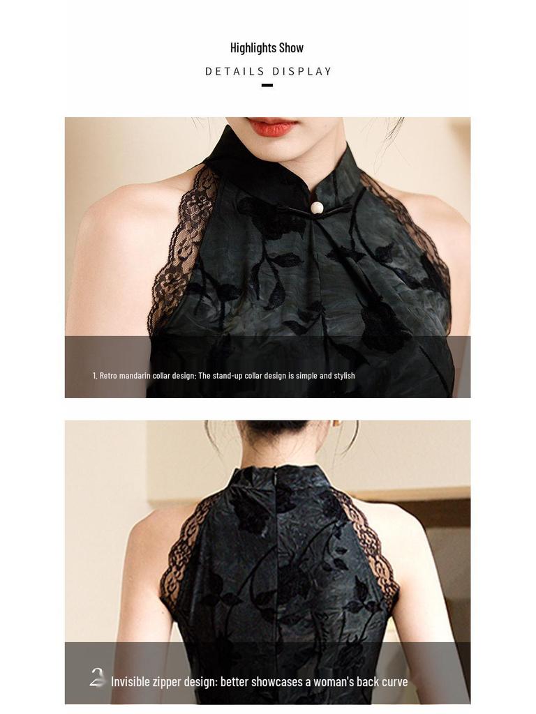 Slim Black Velvet Halterneck Cheongsam: 2025 Young Style Evening Dress