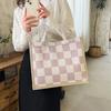 Льняная клетчатая сумка, большая вместительная клетчатая сумка для покупок, простая модная женская сумка через плечо