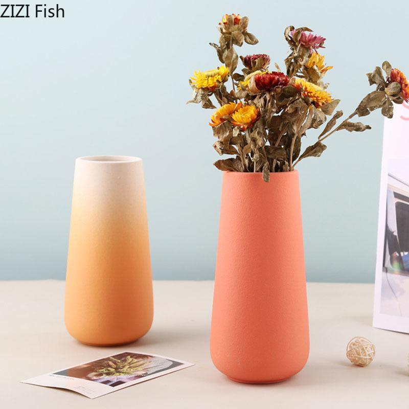 Colorful Gradient Ceramic Vase Cylinder Flower Pots Desk Decoration Flower Arrangement Modern Floral Vases Room Aesthetic Decor
