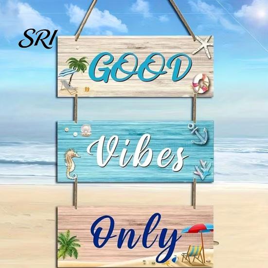 Wooden Ornaments Beach Theme Wall Sign Good Vibes Only Hanging Plaque with Hemp Door Decoration Rope Coastal Ocean-Style Welcome for Porch Fence