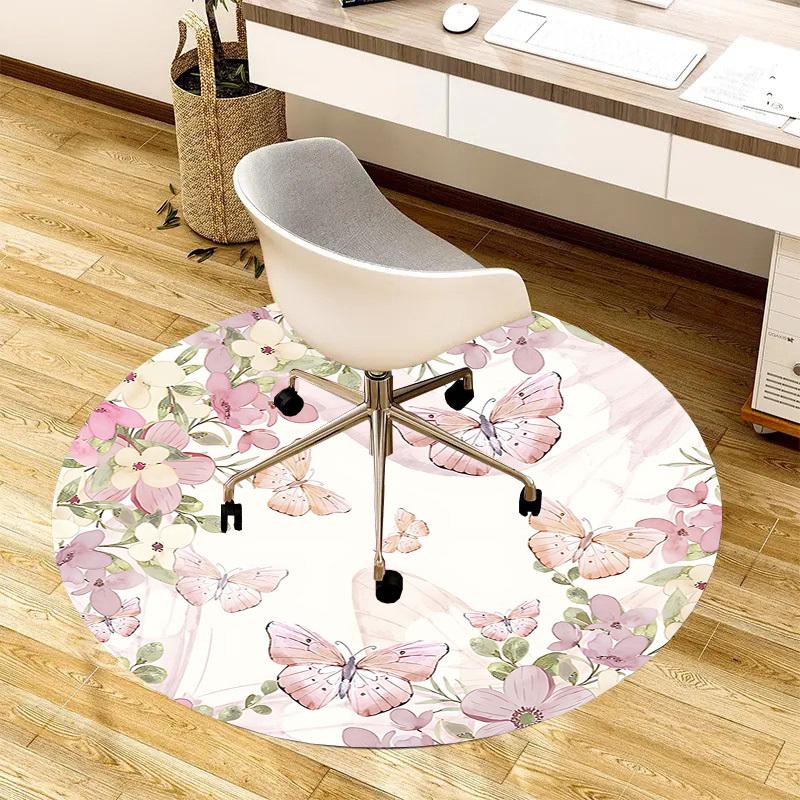 1PC Butterfly Flowers Non-Slip Floor Round carpet, Office, family, bedroom, Large Area Rug Indoor Rugs, Durable Polyester-Z0430