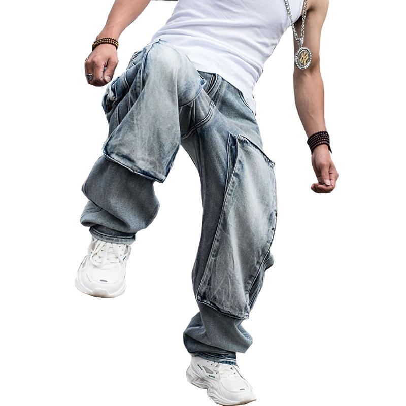 Джинсы для мужчин Мужские прямые джинсовые брюки-карго Байкерские джинсы Мужские мешковатые свободные синие джинсы