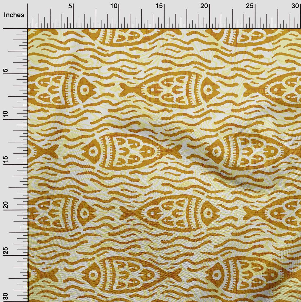oneOone Cotton Flex Dark Mustard Fabric Asian Block Fish Craft Projects Decor Fabric Printed By The Yard 40 Inch