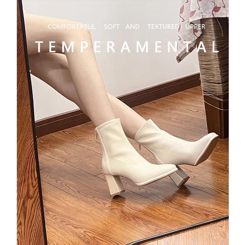 Leather High-heeled Short Boots for Women, Thick-heeled Martin Boots In Autumn and Winter, Square Head, White, Thin Boots.