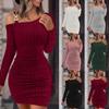 Women Fall Spring Dress Knitted One Shoulder Skinny Elastic Oblique Neck Solid Color Tight Waist Anti-shrink Long Sleeve Mini Sheath Dress Party