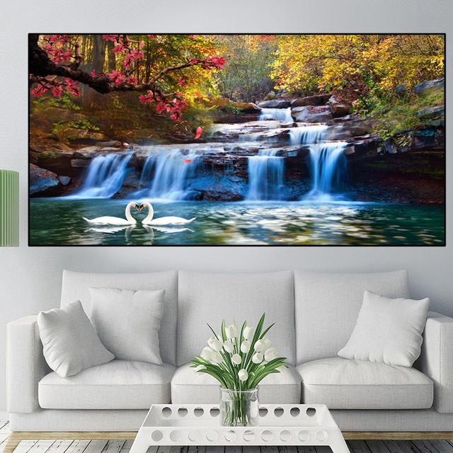 Водопад, лес, лебедь, лотос, холст, живопись, современные пейзажные постеры и принты, настенные художественные фотографии, домашний декор для гостиной, без рамки