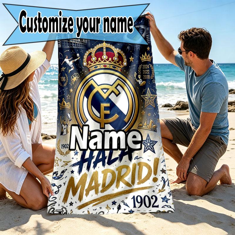 Custom Name Personalized Real Madrid CF Print Beach Towel, for Trip Camping Beach Party Home Decor, Birthday Gift for Family & Friends