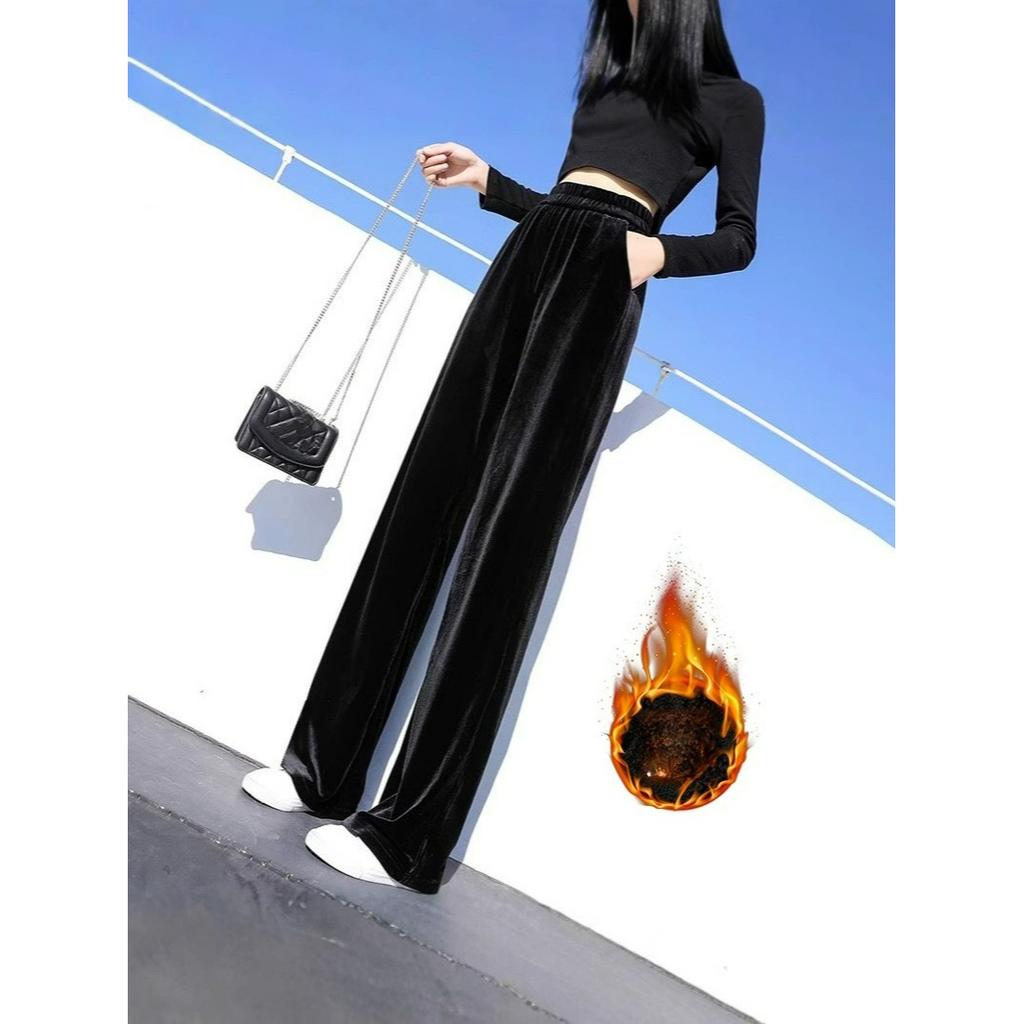 Золотистый бархат Брюки-палаццо Женские Высококлассное Чувство Черные Маленькие Узкие Женские Брюки Прямые Брюки Бархатные Брюки