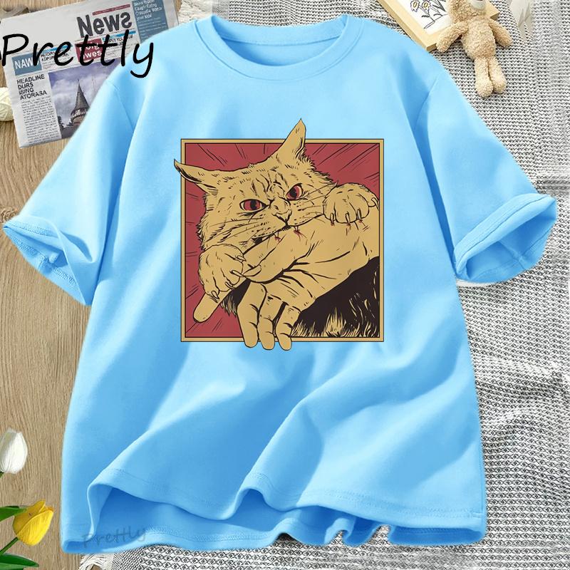 Винтажная футболка Cat Bite Японский хоррор Ретро графическая футболка Хоррор кошки Сумасшедшие футболки Мужская женская мода Футболки с коротким рукавом