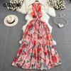 Women's Bohemian V-neck Backless Waisted A-line Ruffled Printed Dress Seaside Vacation Large Swing Long Dress
