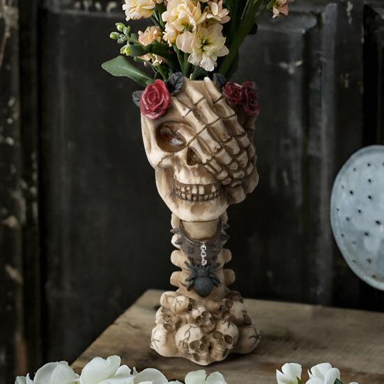 yangyizhi Hear No Evil, Speak See Evil Skull Vase, Resin Ornament with Rose Decor, Halloween Gothic Skeleton Display for Shelf Desk Altar, Horror