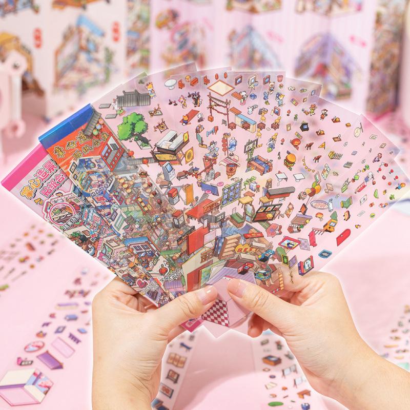 12 Pieces Cute Cartoon Mini 3D Stereo Scene Stickers, Kawaii Designs & Strong Dimension, Self-Adhesive for Journal DIY