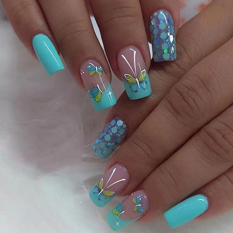 24Pcs Purple Gradient Press On Nails With Silver Sequins Removable Acrylic Fake Nail Tips Finished Manicure Set