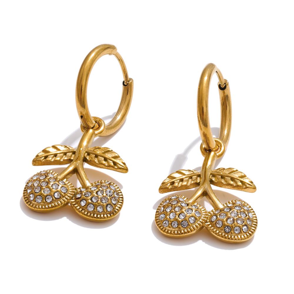 JINYOU 3308 Hot Style Gold Plated Stainless Steel High Quality Jewelry Delicate Shiny Cubic Zirconia Cherry Drop Hoop Earrings