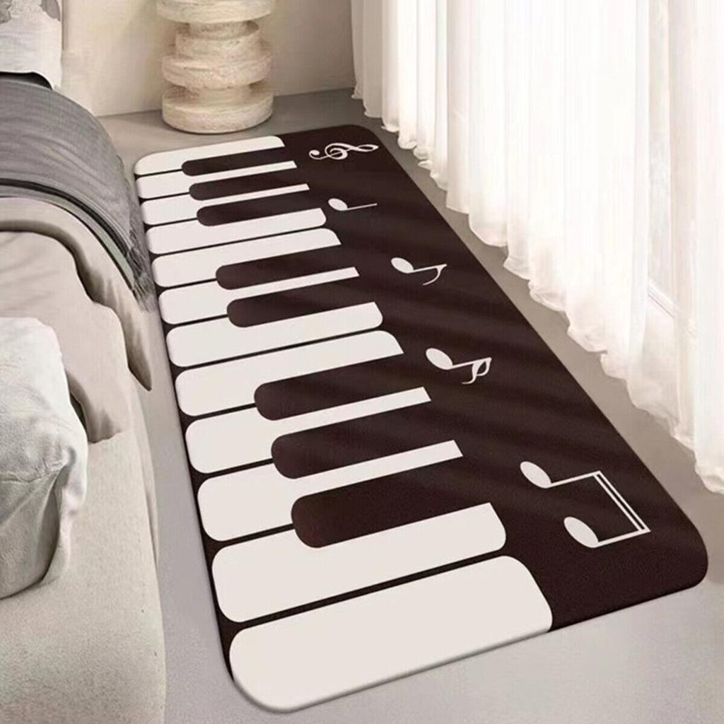 Modern Minimalist Black White Piano Key Crystal Velvet Non Slip Bedroom Rug Headboard Floor Mat