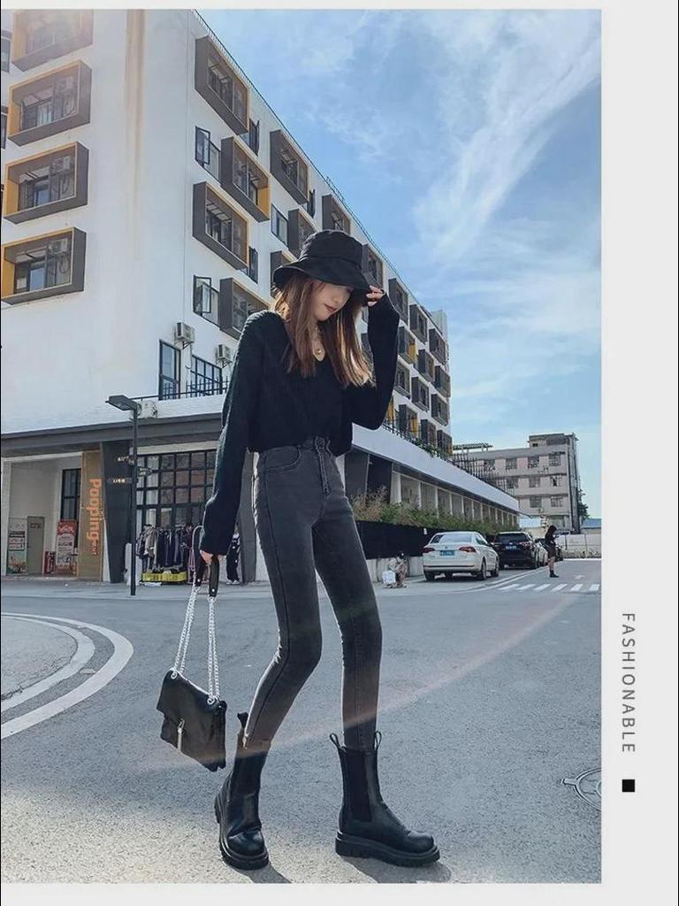 Женские черные облегающие эластичные джинсы-карандаш с высокой талией - Весенняя коллекция 2022 г.