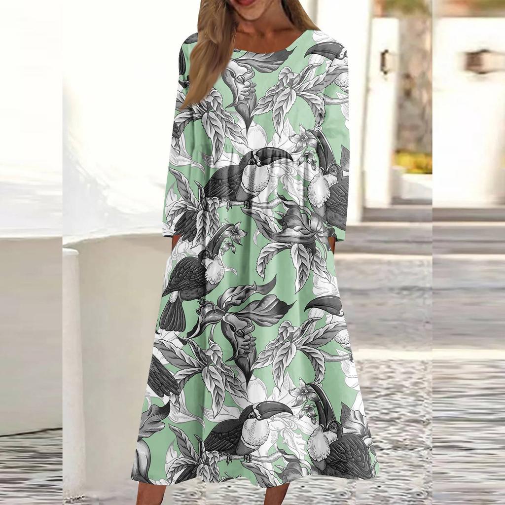 Женское повседневное платье средней длины с круглым вырезом и принтом, платье средней длины с длинными рукавами и карманом