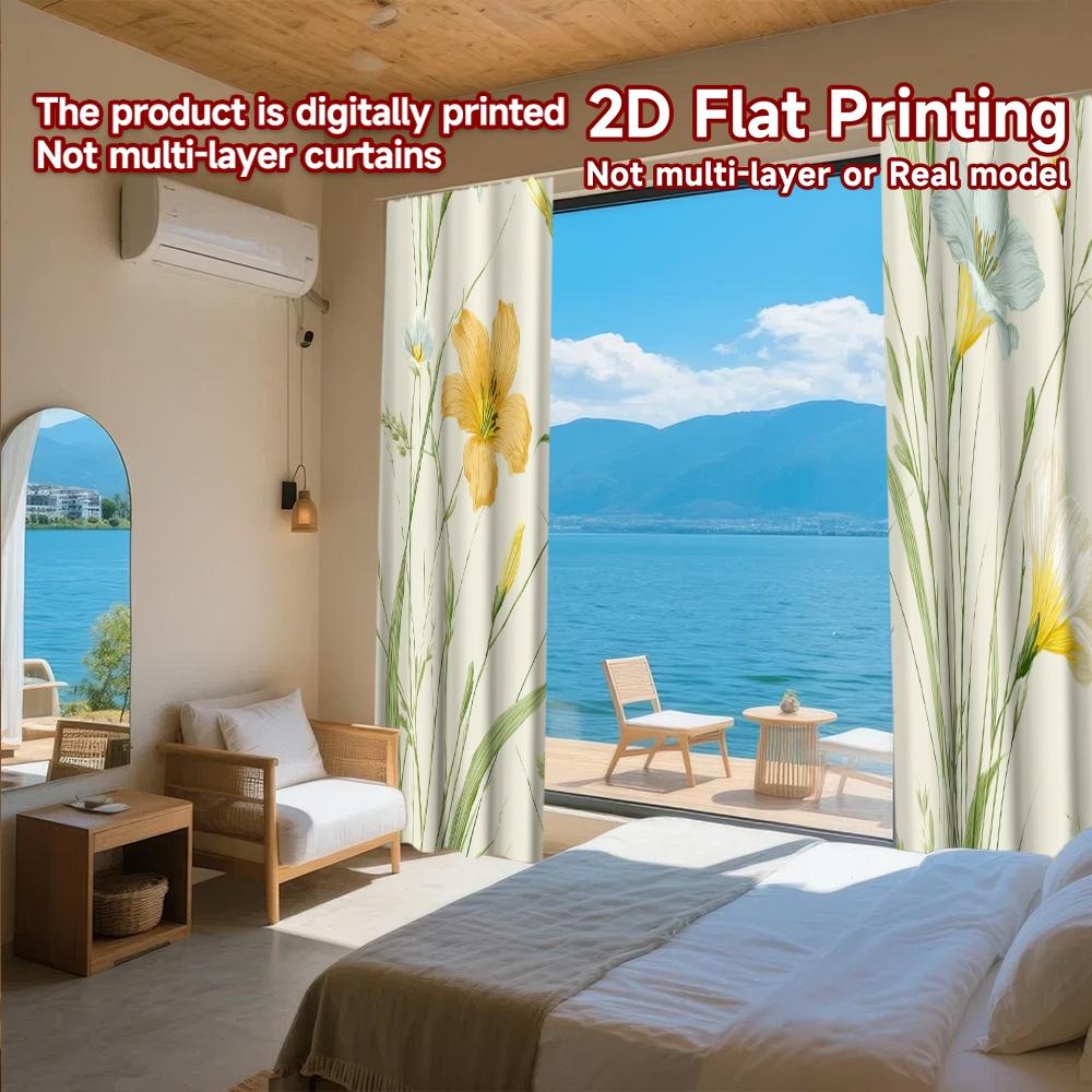 Set Of 2 Minimalist Flat Printing Curtains Without Rod Floral Garden Design New Year Festival Polyester Easy Curtain