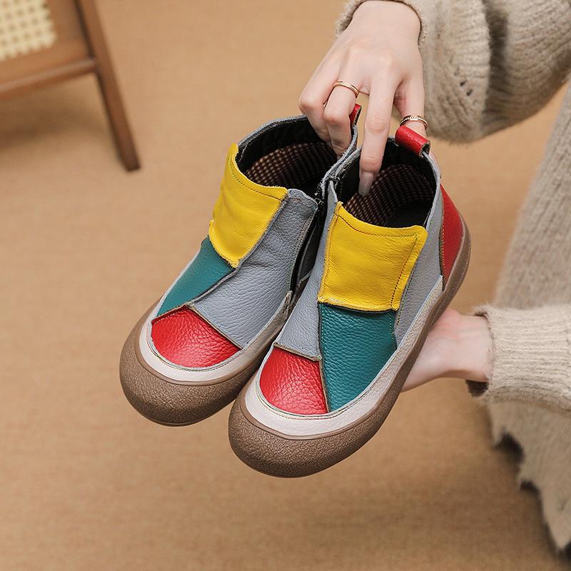 Autumn and Winter Color Matching Women's Shoes Short Boots First Layer Cowhide Comfortable One-pedal Single Shoes Casual New