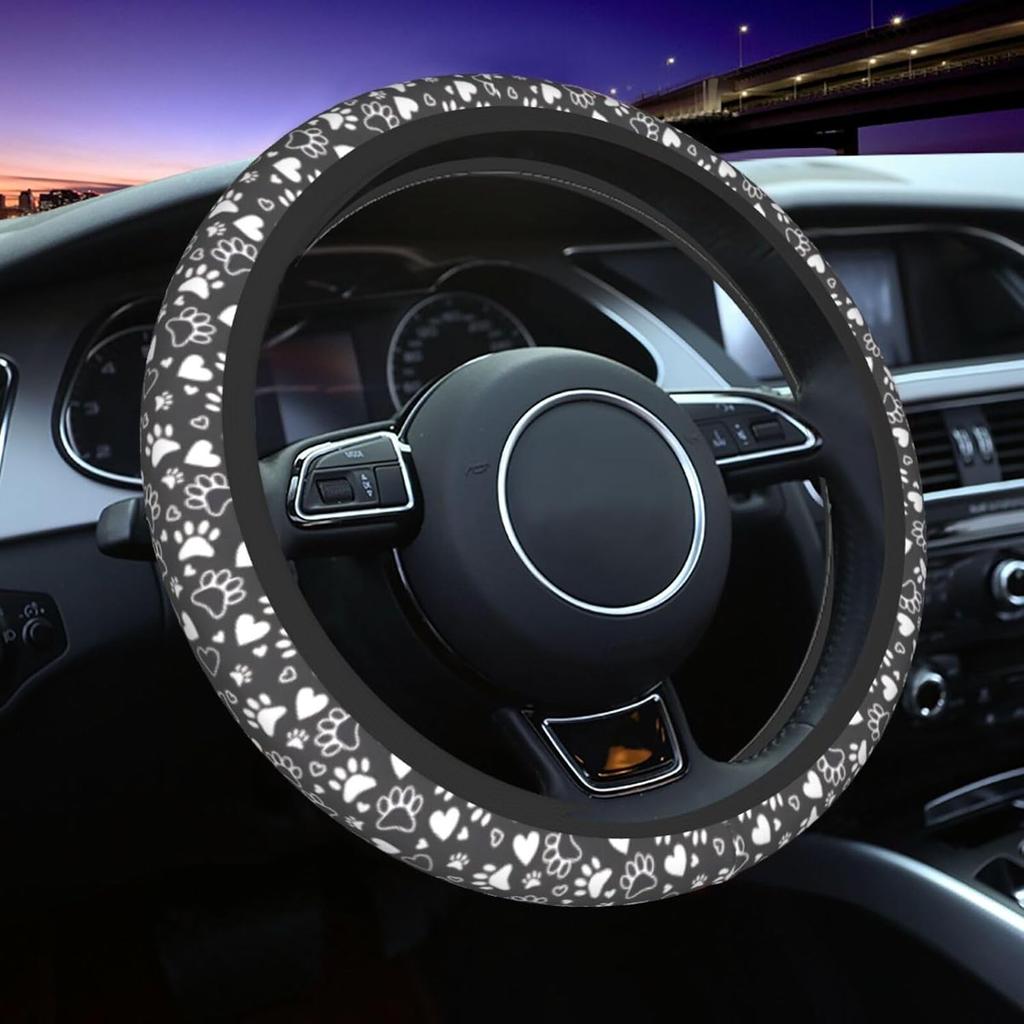 Pink Black Leopard Cheetah Print Steering Wheel Cover, Cute Anti-Slip Breathable Car Accessories Interior Elastic Steering Wheel Cover for Women Fit