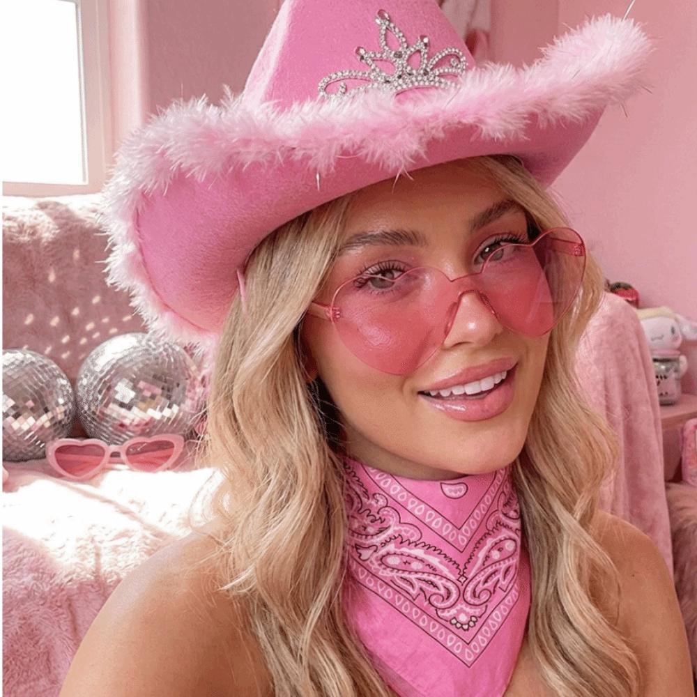 Fluffy Trim Bandana Heart-Shaped Glasses Pink Halloween Costume Accessories Set Cowboy Hat Women