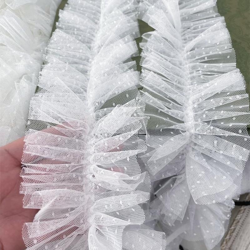 Белое кружево стрейч в горошек с центральной складкой DIY Девочки Одежда Юбка Манжета Вырез горловины Шляпа Пушистая отделка Подушка для автомобиля Швейный материал