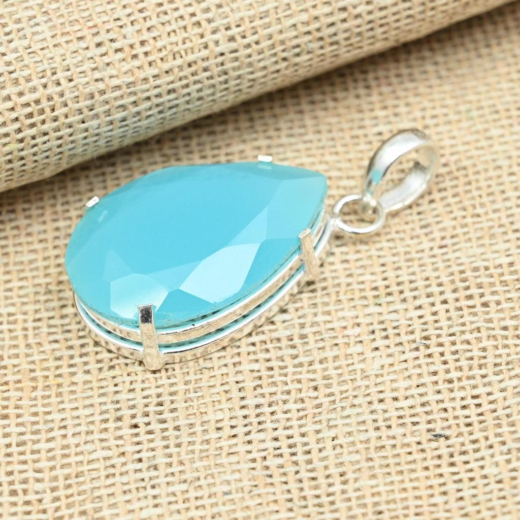 Faceted Blue Chalcedony Gemstone 925 Solid Silver Handmade Women's Jewelry Pendant