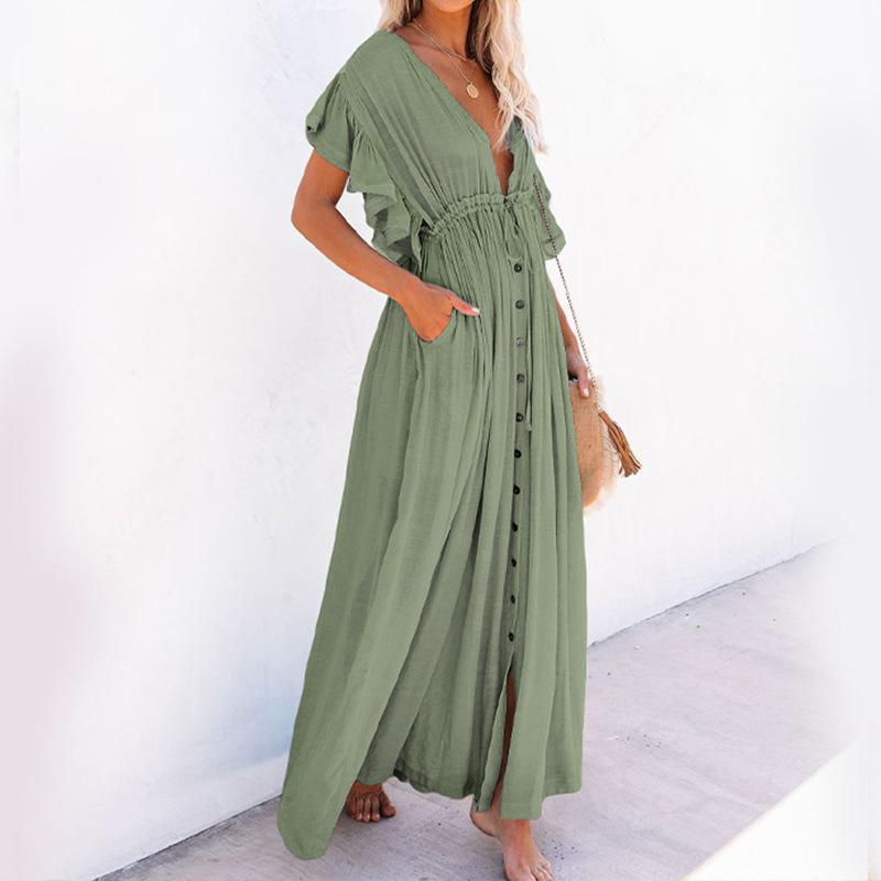 Solid Color Beach Cover-Up Long Dress Sun Shirt Hawaii Beach Vacation