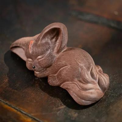 Девятихвостая скульптура духа-лисы из фиолетовой глины, чайный питомец-лиса, креативное украшение для рабочего стола, бытовой аксессуар для чайного набора с животным