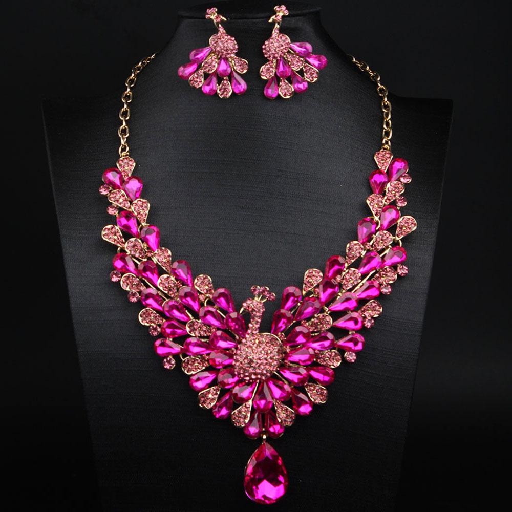 New 7-color Full Diamond Super Flash Peacock Necklace Earrings Set Femininity Banquet Dress with Accessories 2026