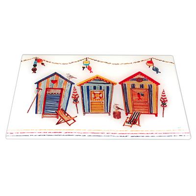 [R6772] - Multicolored 'Beach Cabins' Glass Cutting Board / Coaster - 30x20 Cm