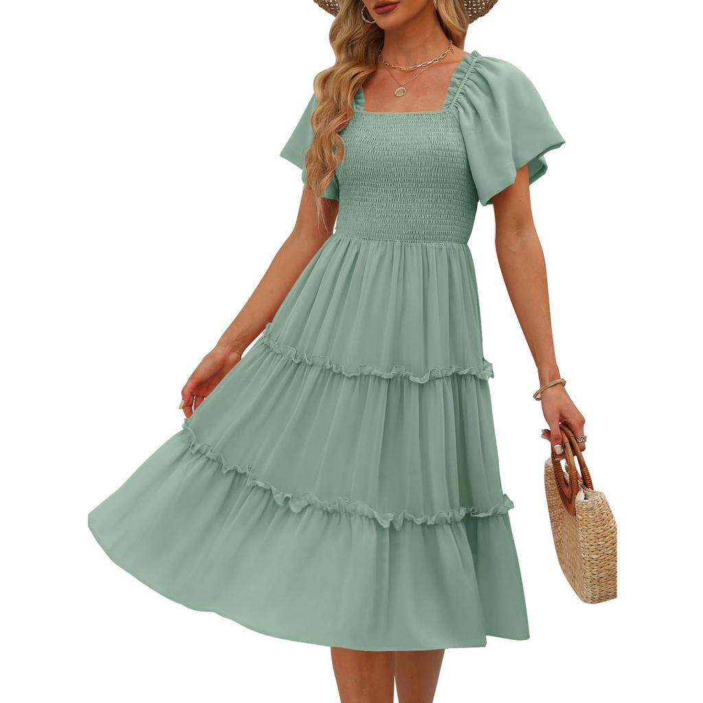 Женские модные однотонные шифоновые бабочки с коротким рукавом и квадратным вырезом, плиссированные платья