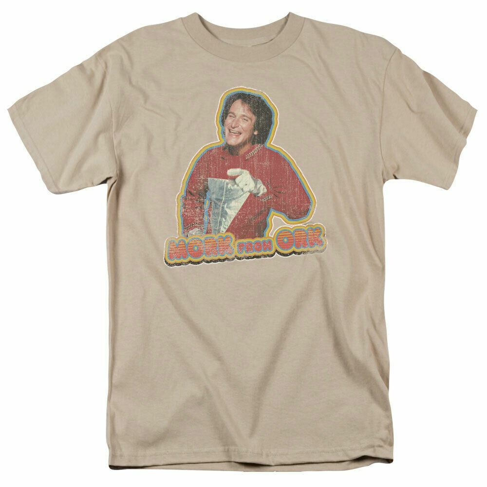 26 Mork and Mindy Mork Iron On T Shirt Mens Licensed Classic TV Show Sand Unisex T-Shirt