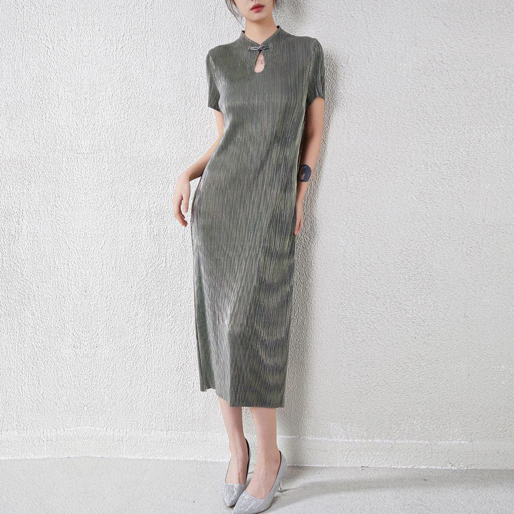 Новое платье ципао в китайском стиле: Женское плиссированное летнее А-силуэта, в французском стиле, приталенное длинное платье