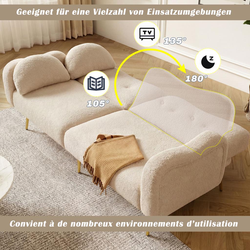 Two-seater sofa bed - Modern two-seater sofa with adjustable backrest + gold-plated metal feet, integrated bed function.