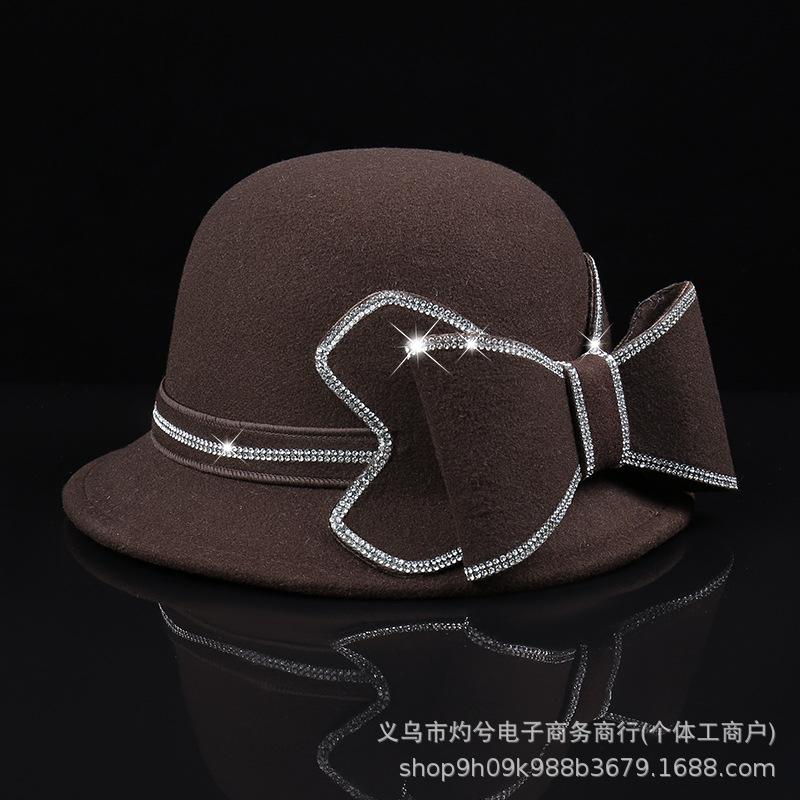 Rhinestone Bow Woolen Basin Hat Ladies French Retro Wide Brim Bowler Hat Travel Versatile Felt Hat Big Brim