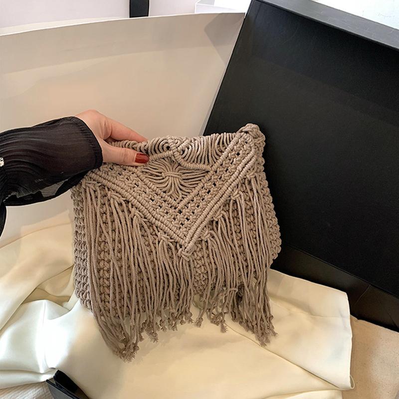 Fashion Casual Cotton Bag Hollow Tassel Beach Bag Flap Hand Woven Bag Cotton Rope Shoulder Crossbody Bag For Women