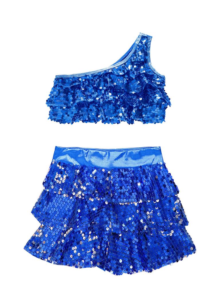 Kids Girls Sparkly Sequins Dance Outfits Sleeveless Tank Crop Top with Skirt Hip Hop Jazz Latin Stage Costume