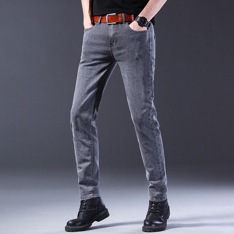 Fashion Jeans Men Straight Grey Middle Waist Pants Denim Trousers